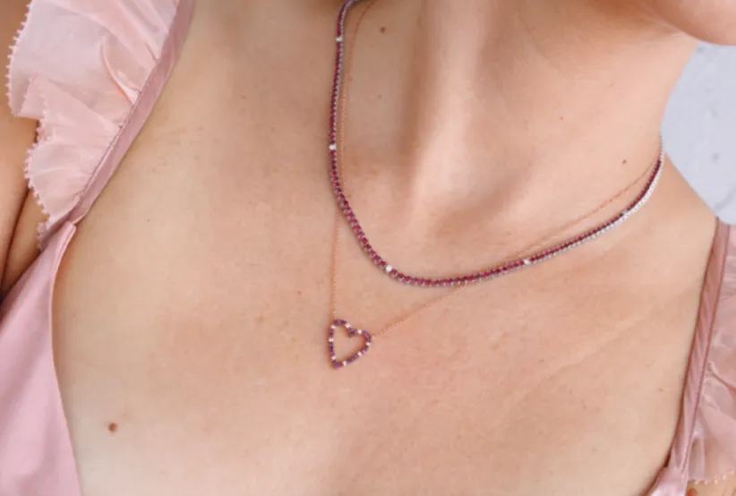 14k Three Prong Ruby and Diamond Tennis Necklace