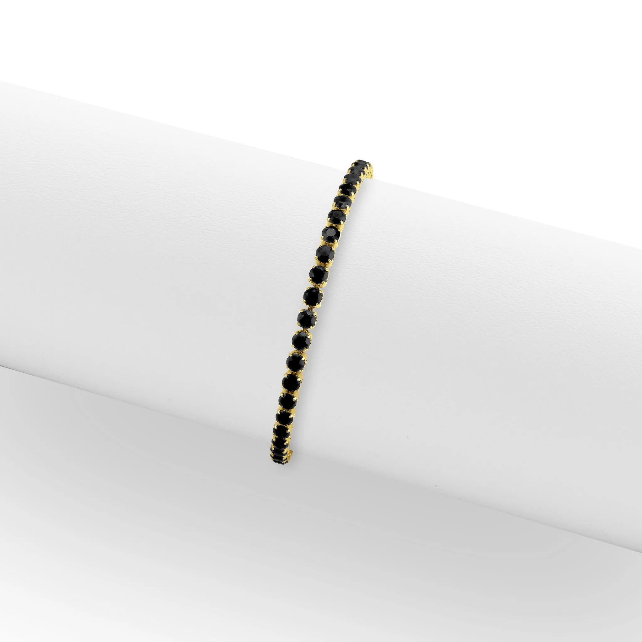 18k Gold PVD Coated Stainless Steel Jet Rhinestone Tennis Chain Bracelet With 1" Extension / TBR0004