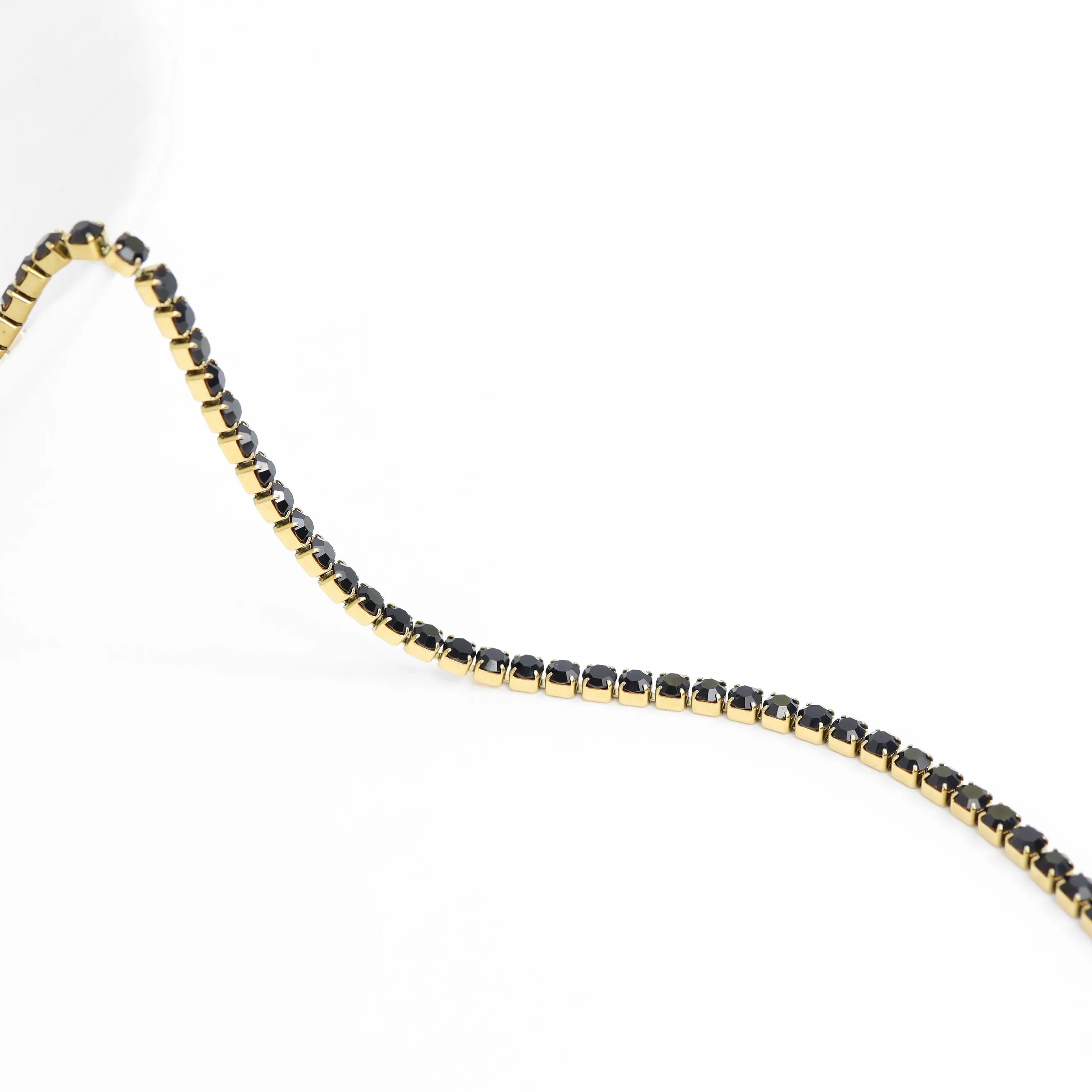 18k Gold PVD Coated Stainless Steel Jet Rhinestone Tennis Chain Bracelet With 1" Extension / TBR0004