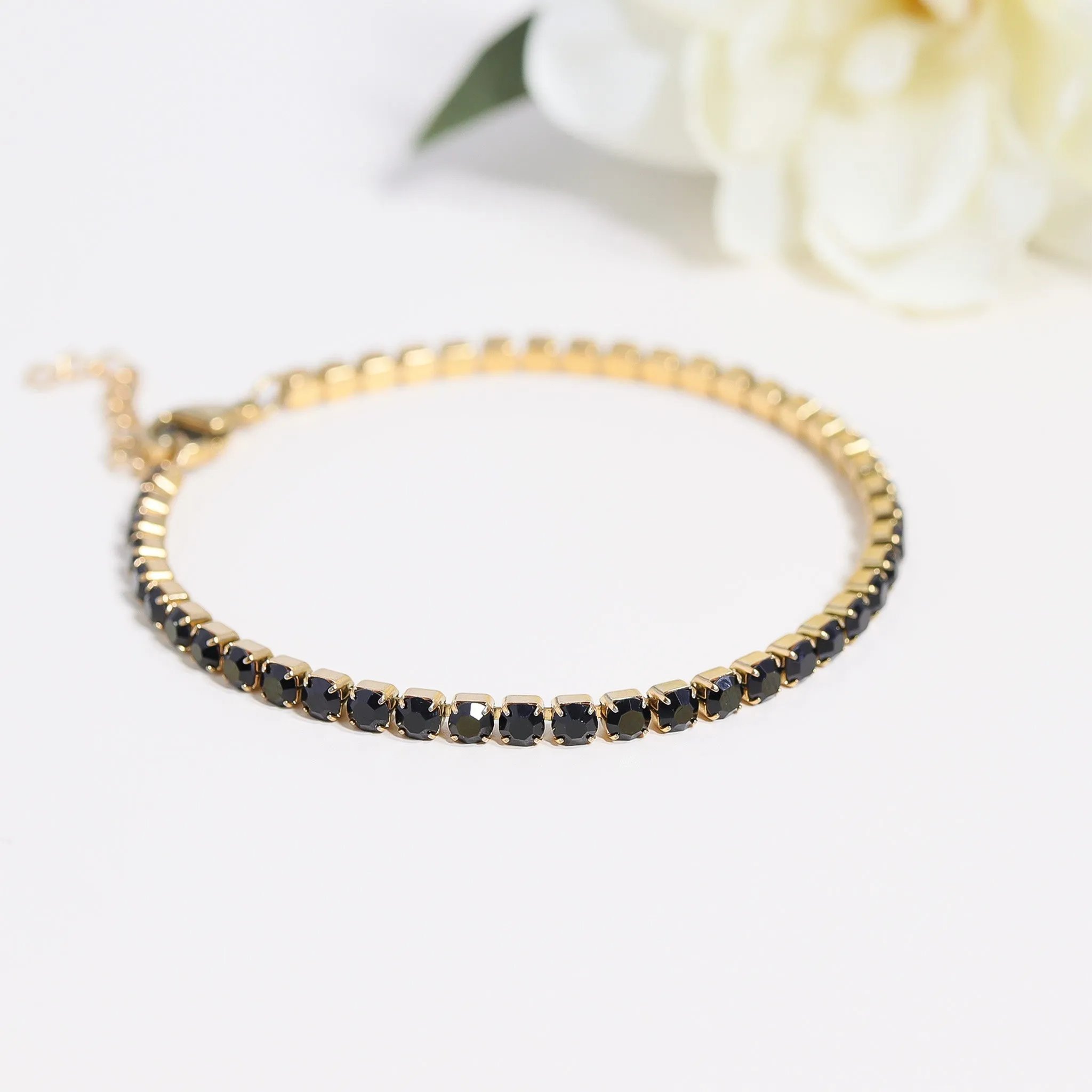 18k Gold PVD Coated Stainless Steel Jet Rhinestone Tennis Chain Bracelet With 1" Extension / TBR0004