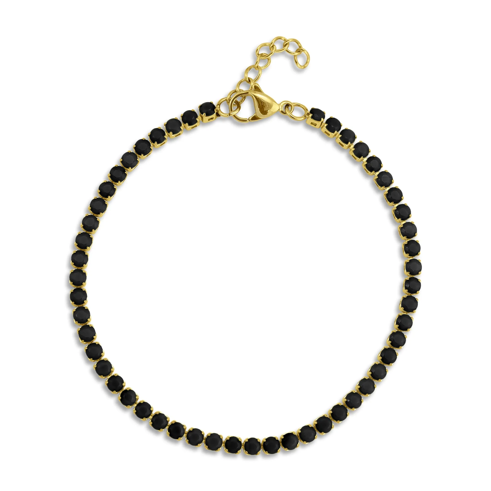 18k Gold PVD Coated Stainless Steel Jet Rhinestone Tennis Chain Bracelet With 1" Extension / TBR0004