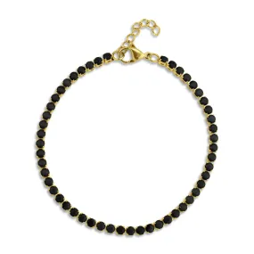 18k Gold PVD Coated Stainless Steel Jet Rhinestone Tennis Chain Bracelet With 1" Extension / TBR0004