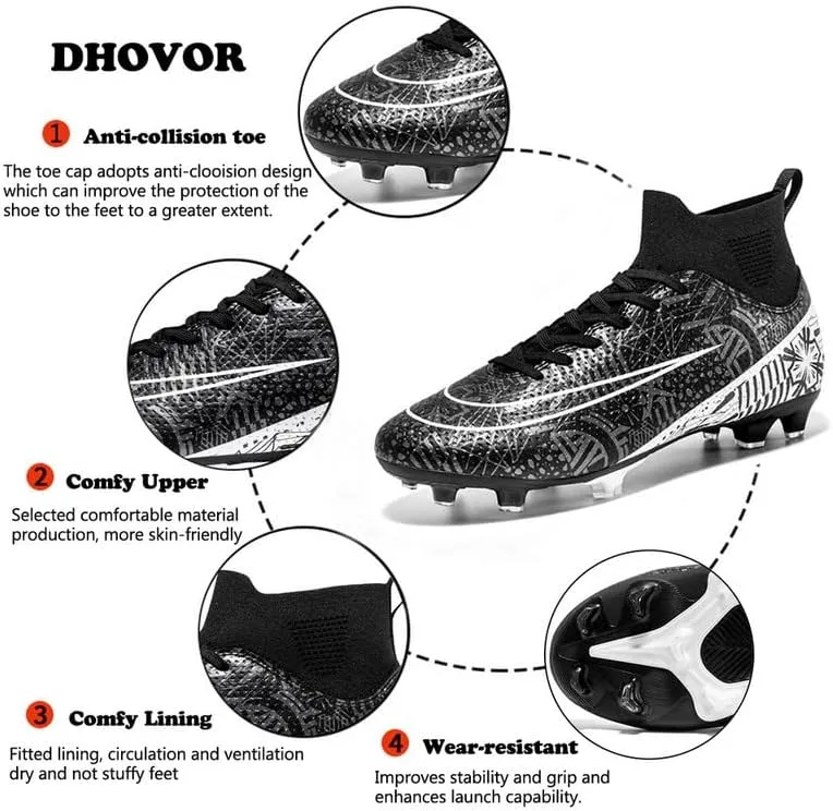 DHOVOR Boys Girls High-Top Soccer Cleats Youth Football Cleats Comfortable Turf Indoor Soccer Shoes for Kids Outdoor/Indoor/Competition/Unisex