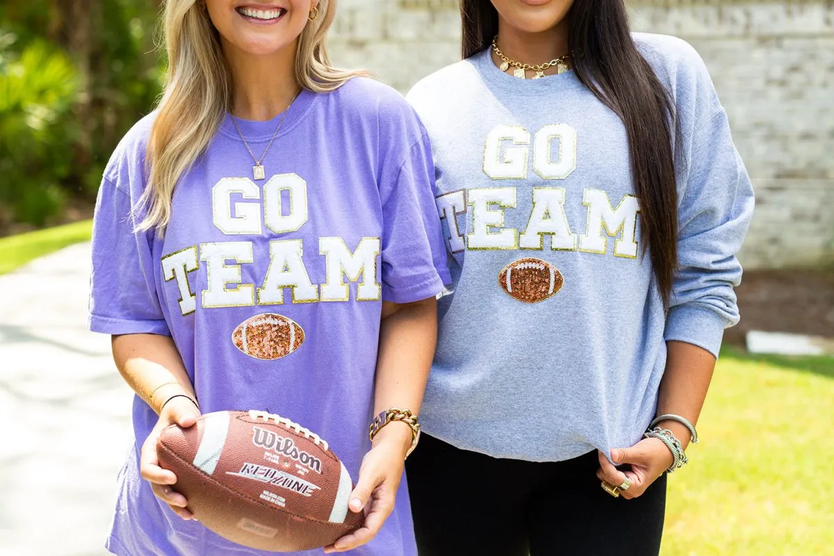 'Go Team Sequin Football' Letter Patch Crewneck Sweatshirt