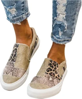 Hbeylia Platform Fashion Sneakers For Women Leopard Design Casual Low Top Canvas Shoes Trendy Chunky Bottom Heels Slip On Flats Loafers Driving Walking Shoes For Ladies