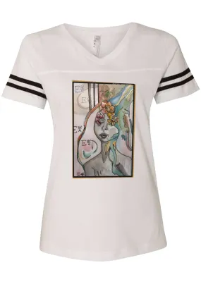 Ladies V-neck Water Color Art Football Tee