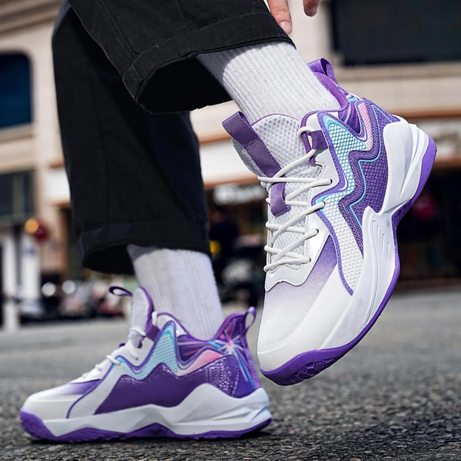 Men's Breathable Mesh Lace Up Basketball Shoes Fashion High-Top Non-Slip Sneakers Casual Gym Sports Tennis Jogging Shoes