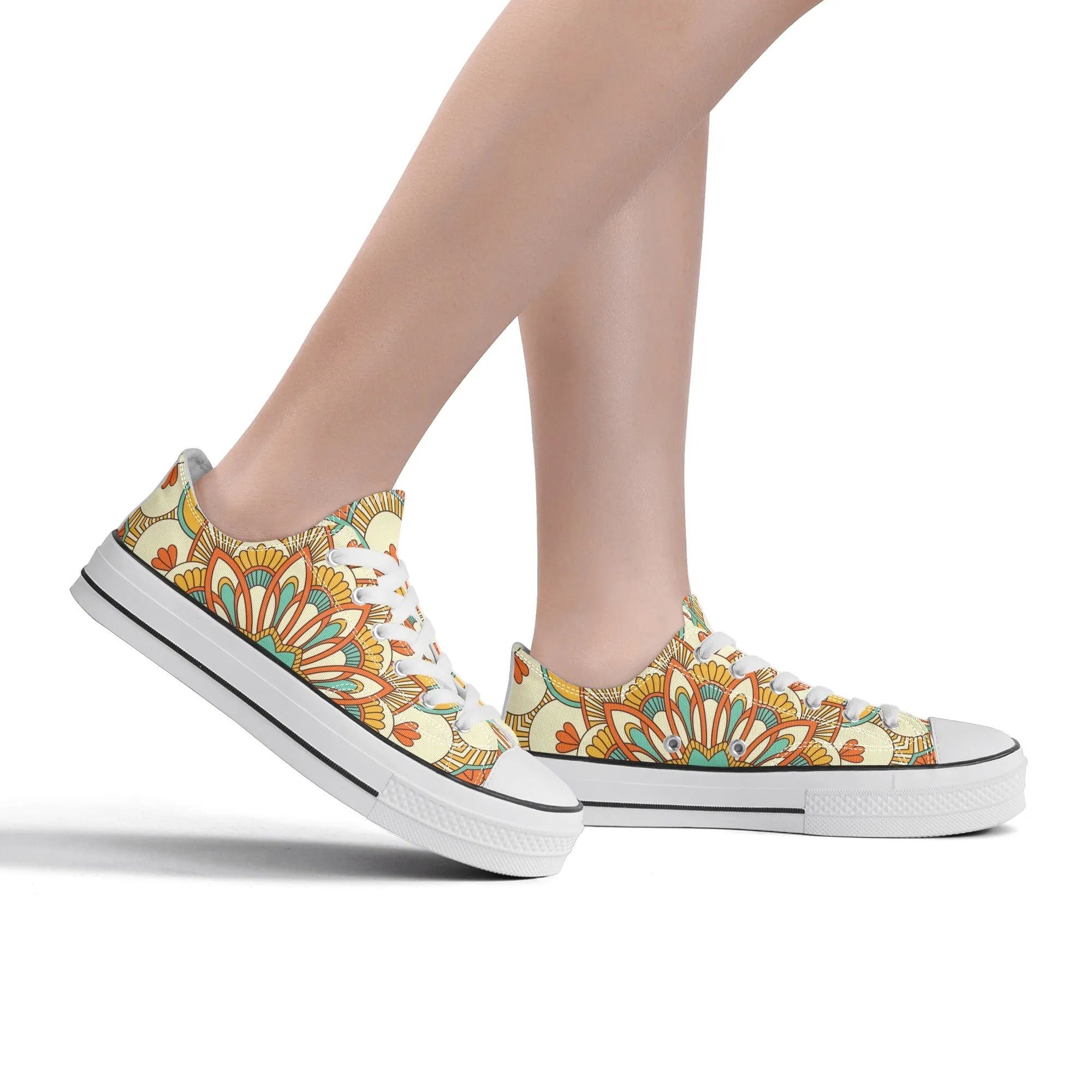Yellow, Orange and Blue Mandala Pattern - Womens Classic Low Top Canvas Shoes for Footwear Lovers