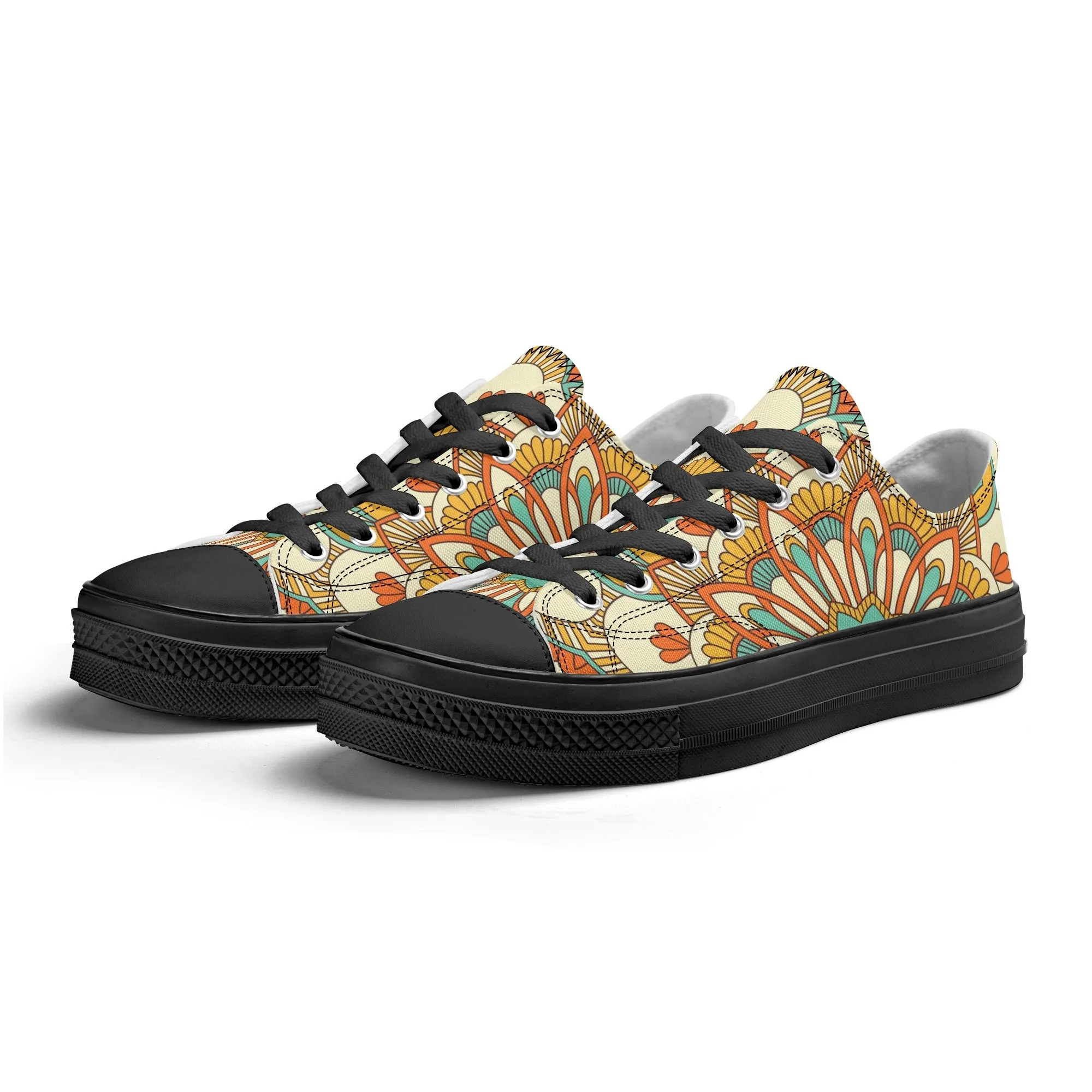 Yellow, Orange and Blue Mandala Pattern - Womens Classic Low Top Canvas Shoes for Footwear Lovers
