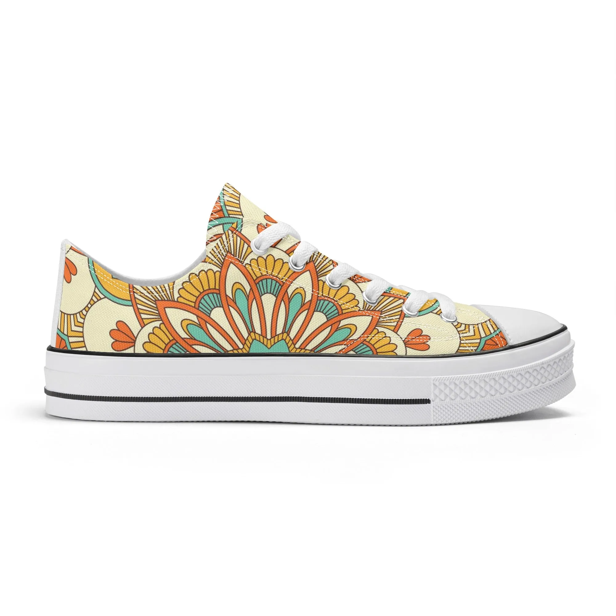 Yellow, Orange and Blue Mandala Pattern - Womens Classic Low Top Canvas Shoes for Footwear Lovers
