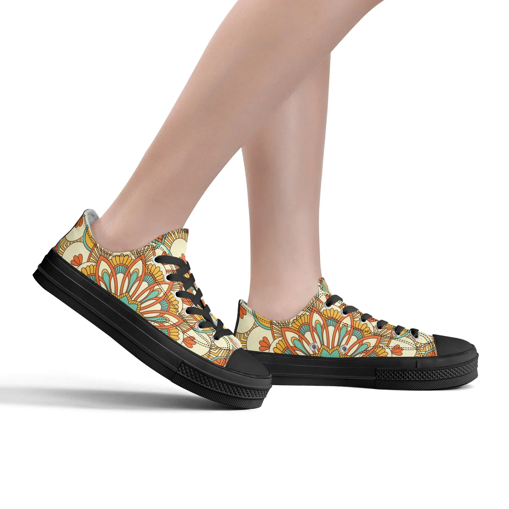 Yellow, Orange and Blue Mandala Pattern - Womens Classic Low Top Canvas Shoes for Footwear Lovers