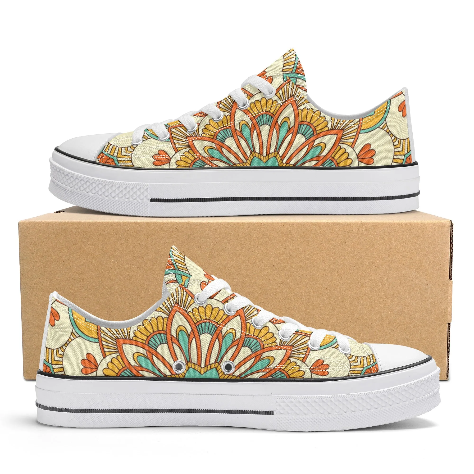 Yellow, Orange and Blue Mandala Pattern - Womens Classic Low Top Canvas Shoes for Footwear Lovers
