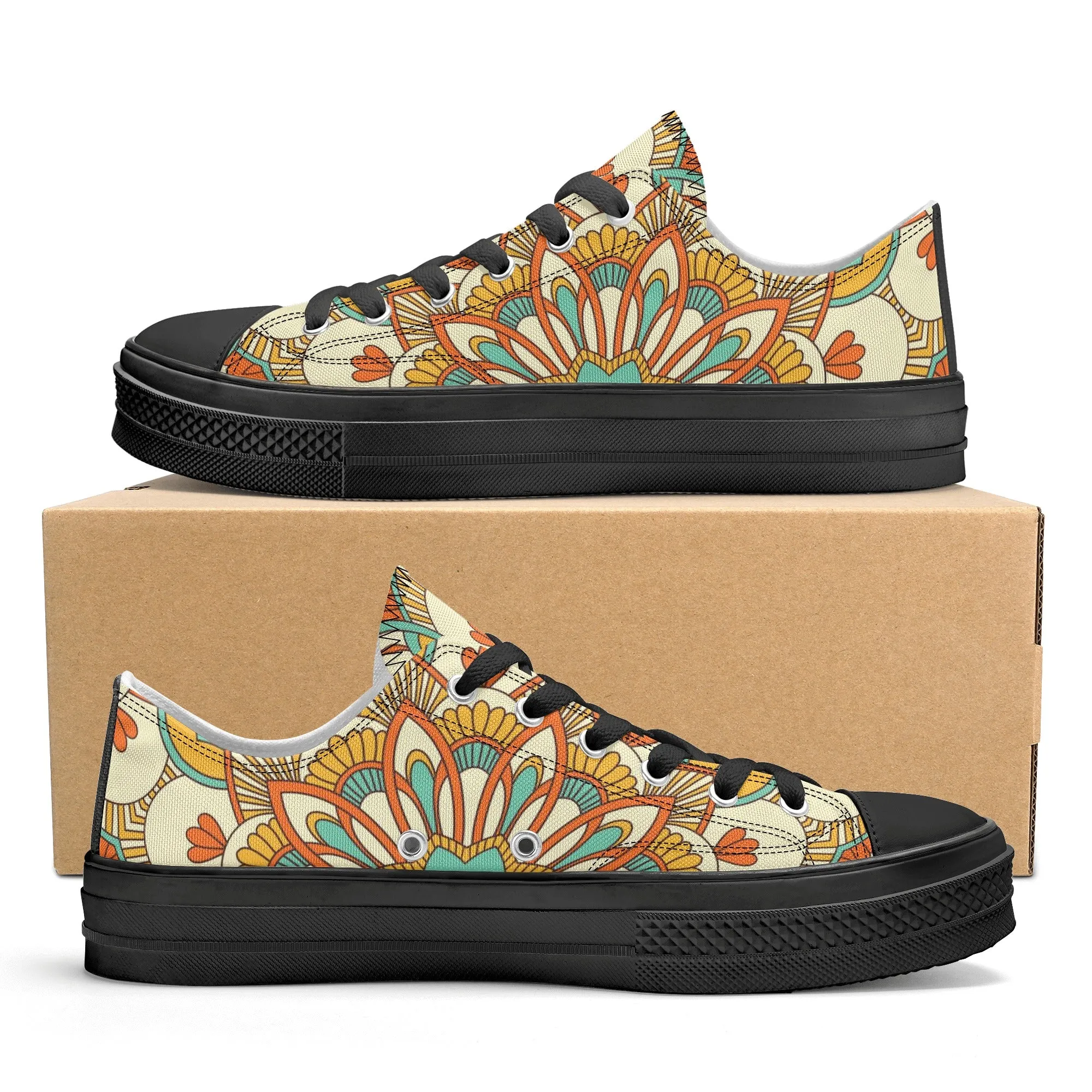 Yellow, Orange and Blue Mandala Pattern - Womens Classic Low Top Canvas Shoes for Footwear Lovers