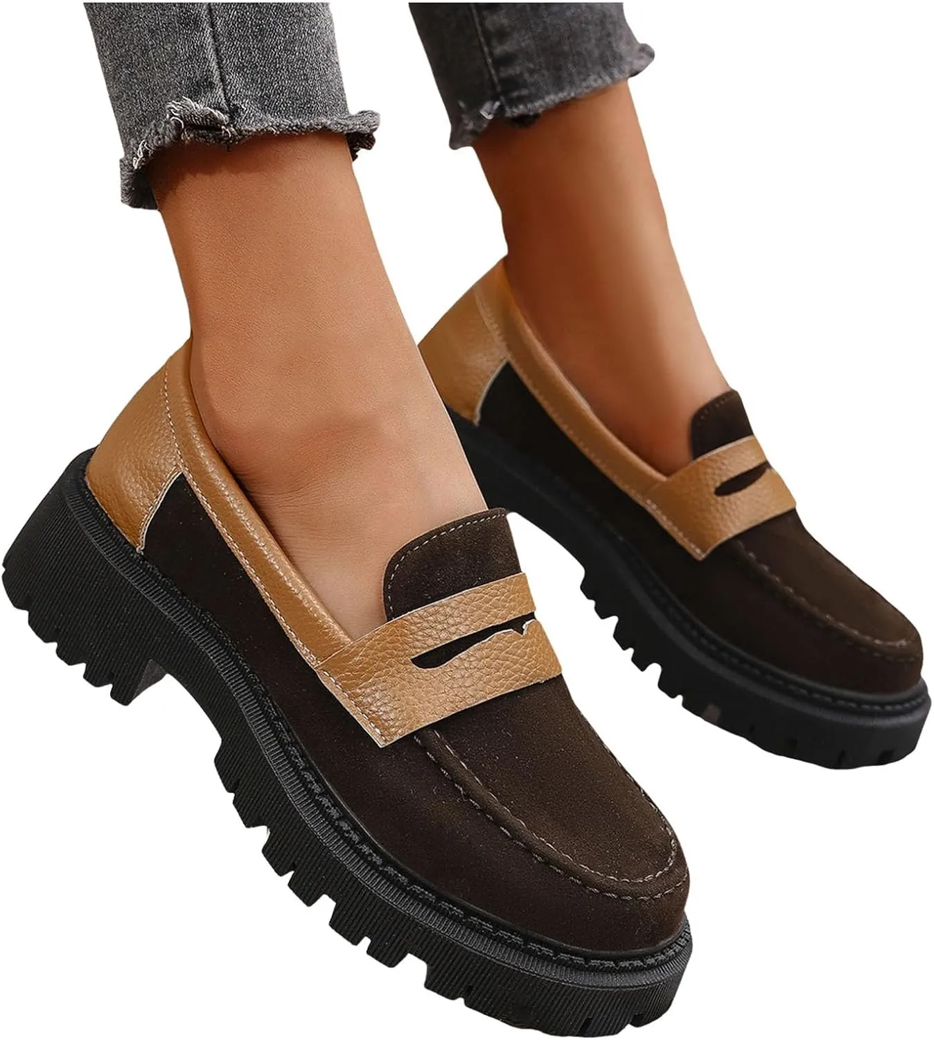 ZSpzx Orthopedic Loafers for Women Platform Chunky Loafer Slip On Arch Support Round Toe Casual Walking Shoes Ladies Cushioned Footbed Dressy Shoes Breathable Comfy Walking Footwear for Daily Wear