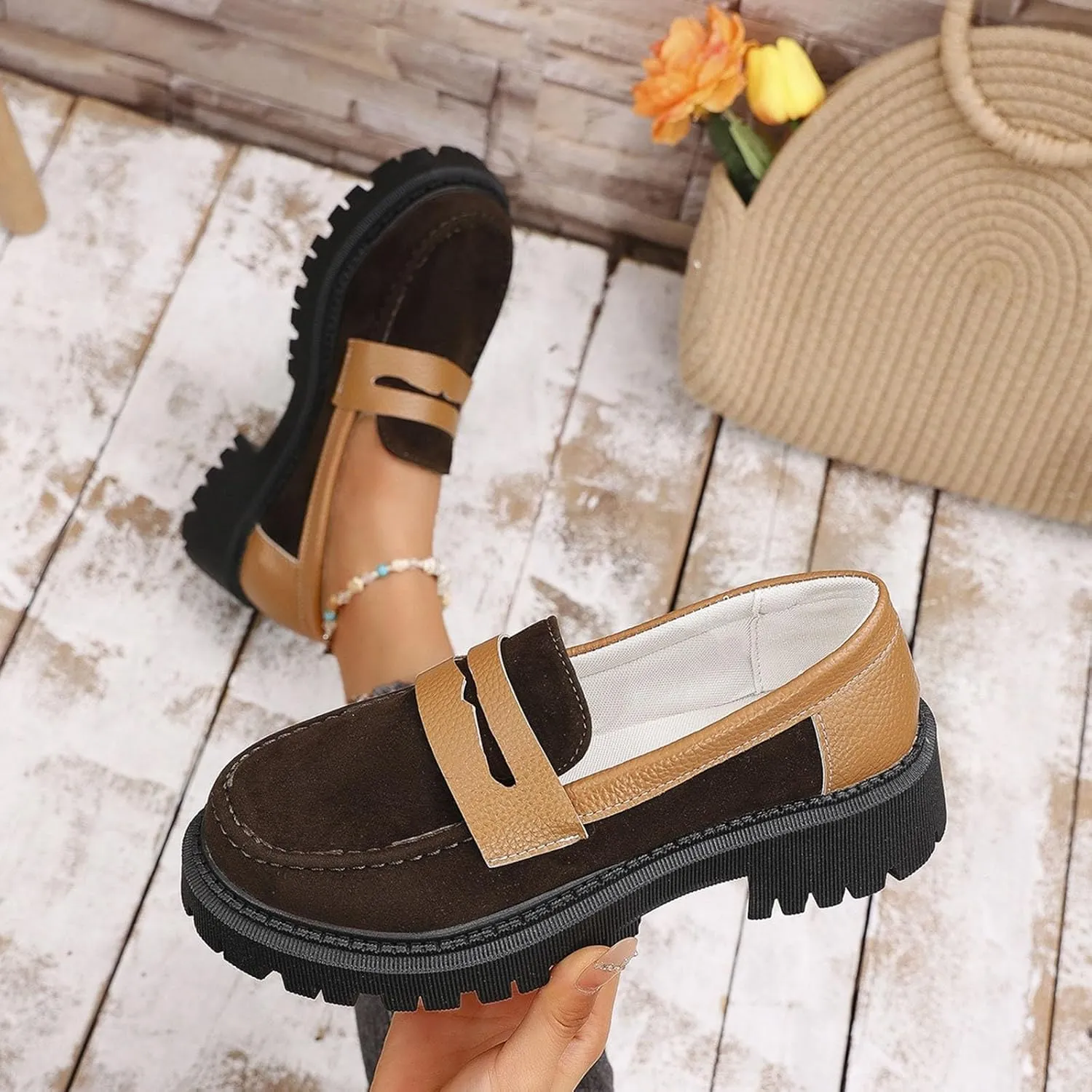 ZSpzx Orthopedic Loafers for Women Platform Chunky Loafer Slip On Arch Support Round Toe Casual Walking Shoes Ladies Cushioned Footbed Dressy Shoes Breathable Comfy Walking Footwear for Daily Wear