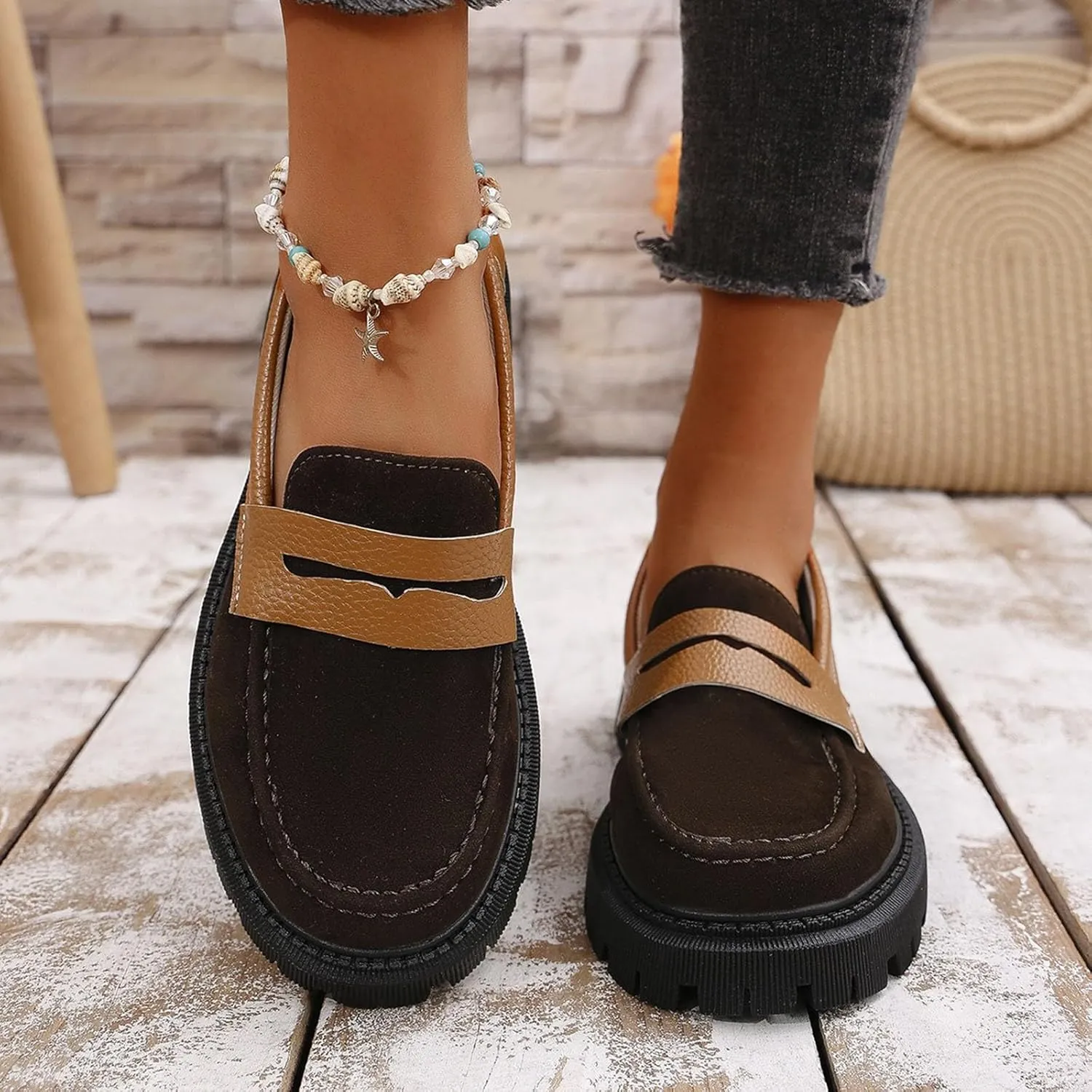 ZSpzx Orthopedic Loafers for Women Platform Chunky Loafer Slip On Arch Support Round Toe Casual Walking Shoes Ladies Cushioned Footbed Dressy Shoes Breathable Comfy Walking Footwear for Daily Wear