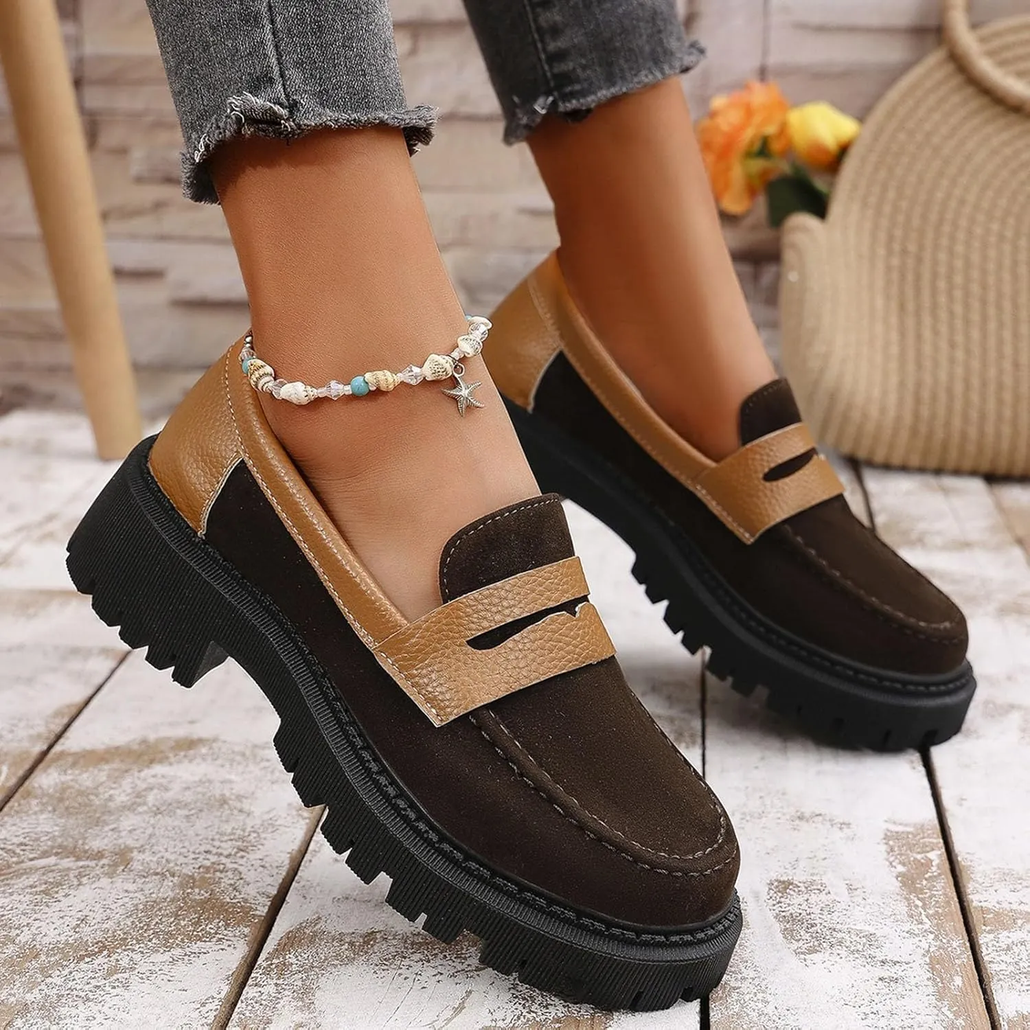 ZSpzx Orthopedic Loafers for Women Platform Chunky Loafer Slip On Arch Support Round Toe Casual Walking Shoes Ladies Cushioned Footbed Dressy Shoes Breathable Comfy Walking Footwear for Daily Wear